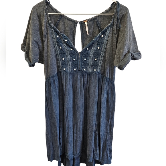 Free People Blue Contrast Fabric Tunic Drsss Womens - Picture 5 of 5
